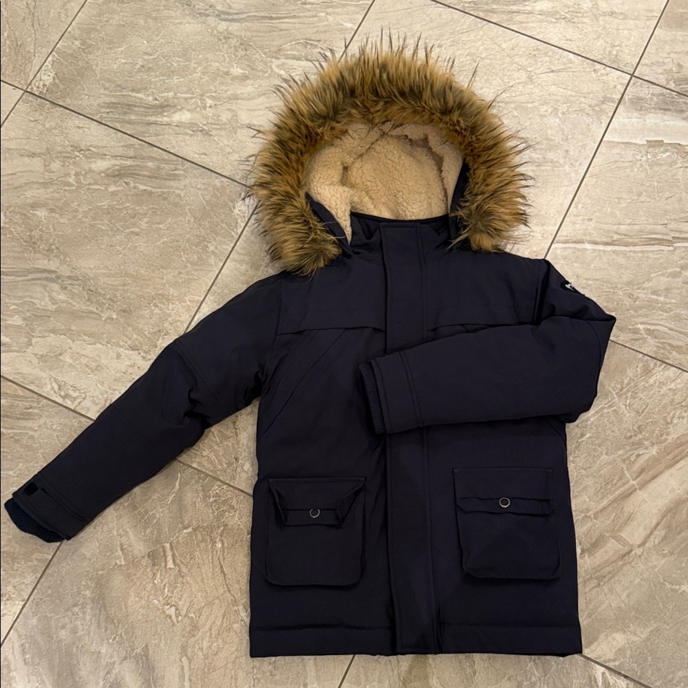 Appaman Dark Blue Puffer Jacket with Faux Fur Hood